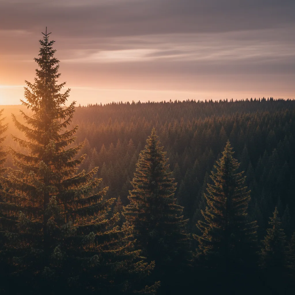 Warmes Sonnenlicht zwischen Tannen und dunklen Waldhängen